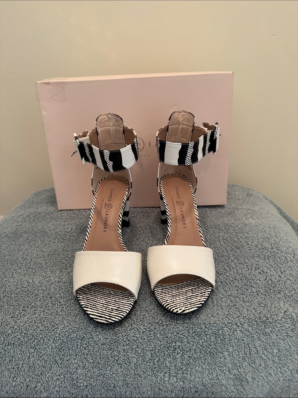 Chinese Laundry White and Black Patterned Ankle-Strap Block Heels